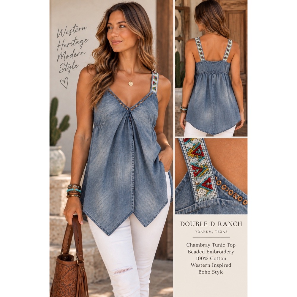 Double D Ranch Denim Beaded Camisole Top M Boho Western Coastal Cowgirl